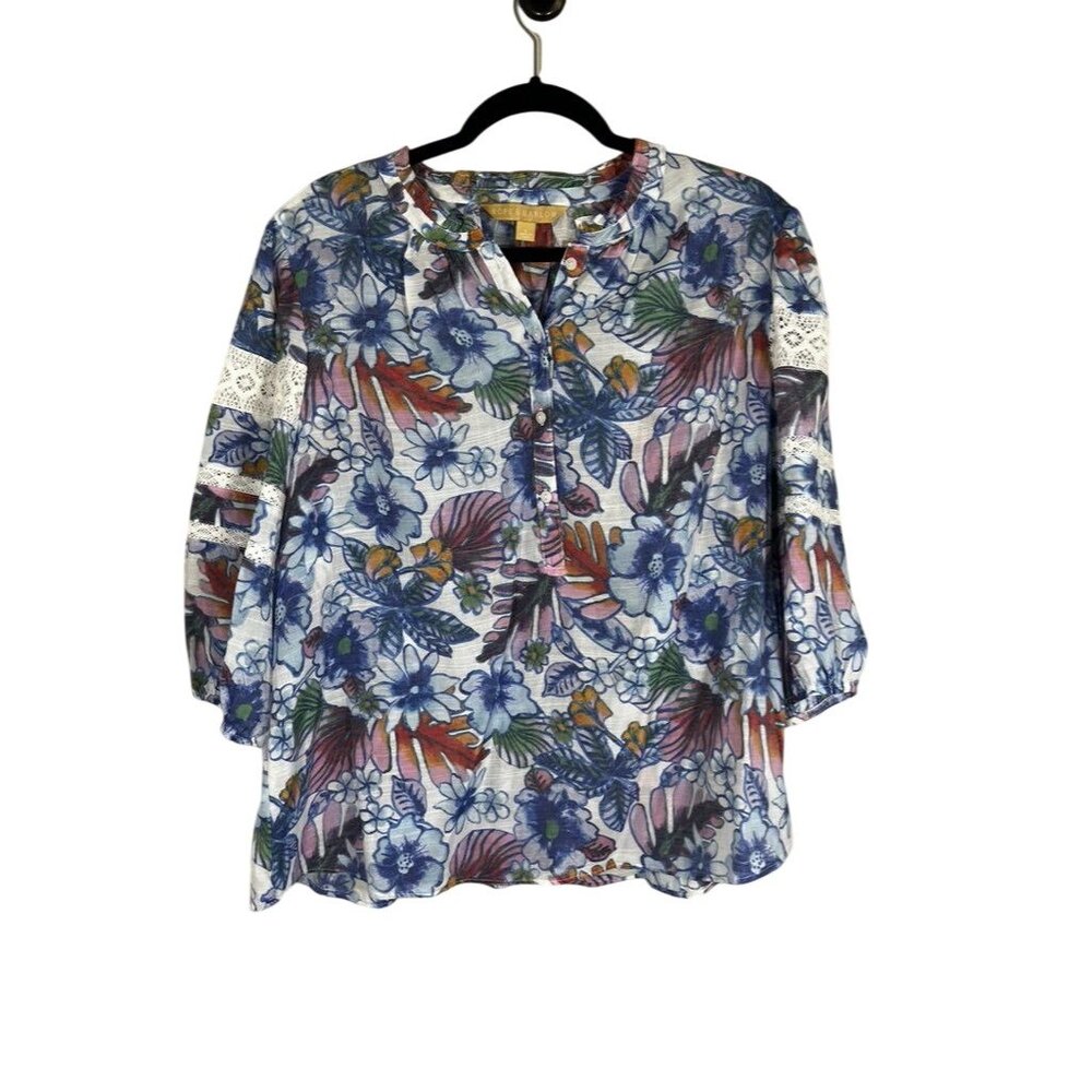 Colorful Floral Lace Top Blue L Boho Western Cottage Feminine Resort Preppy Chic